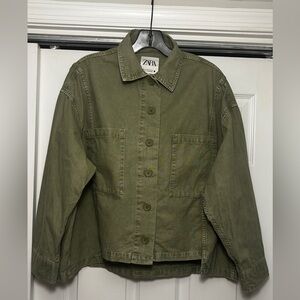 Zara Relaxed Fit Olive Khaki Green Utility Style Jacket US 2 XS Cotton Oversized